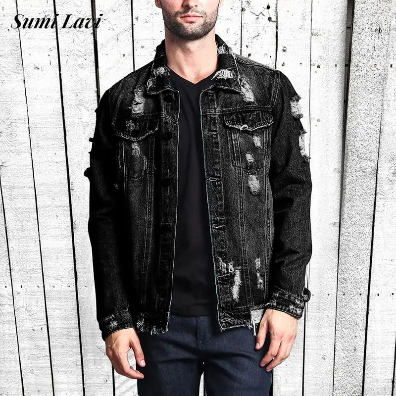 

Fashion Ripped Hollow Out Denim Jacket Men Autumn Vintage Breasted Collar Long Sleeve Jean Coats Mens Clothing Casual Streetwear