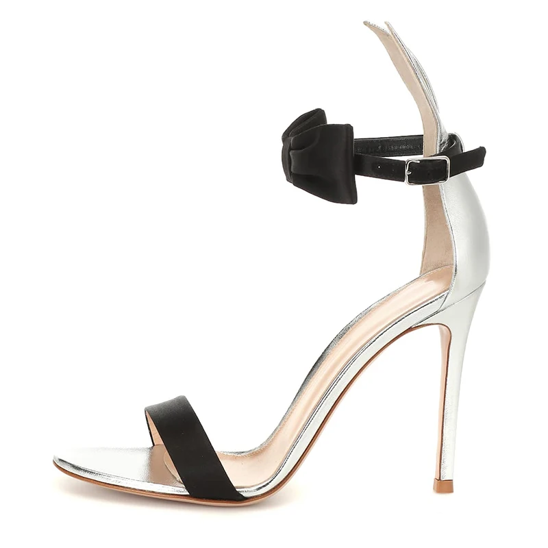 

Black Bow Summer Sandals for Women Stiletto High Heels for Party Open Toe Ankle Strap Shoes Ladies Large Size Heeled Silver Shoe