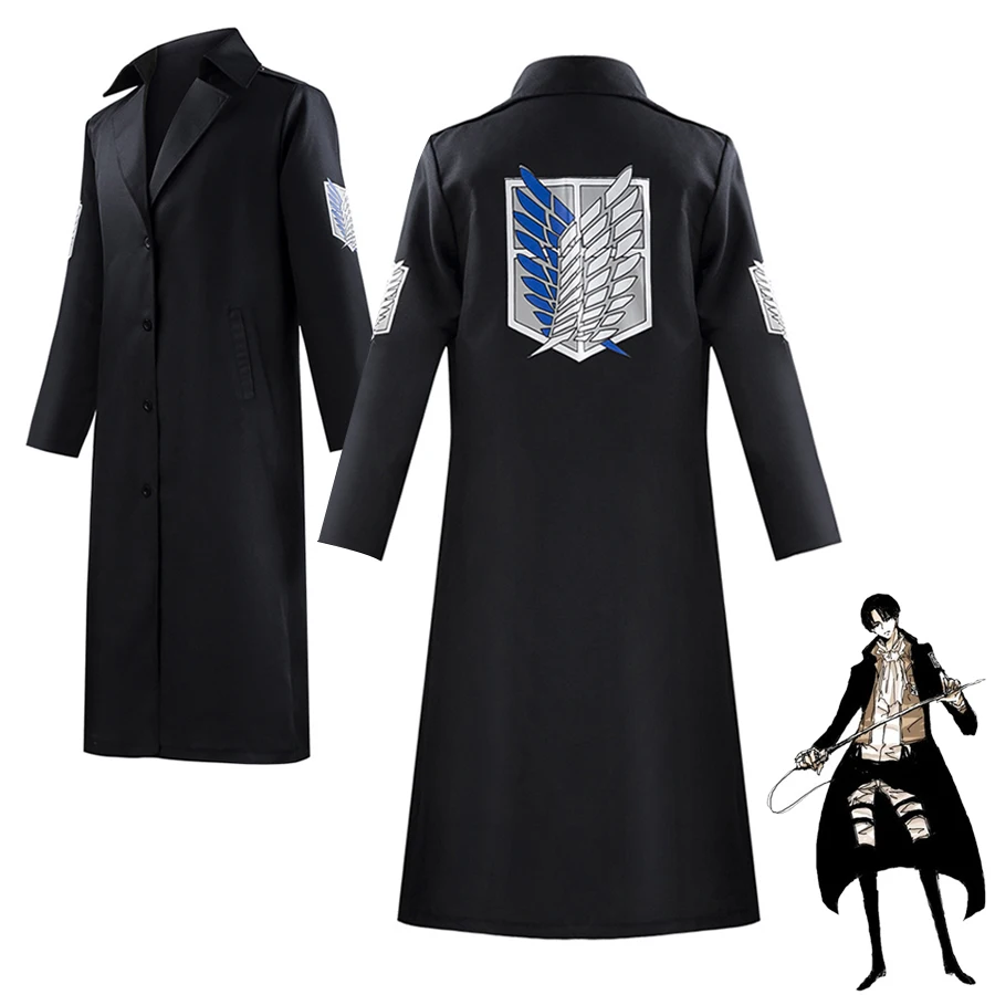 

Attack on Titan Cosplay Costume Long Coat Anime Cosplay Shingeki no Kyojin Survey Corps Black Trench Coat Halloween Costumes