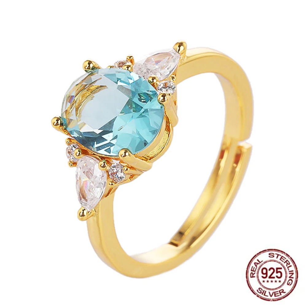 

Poulisa Oval CZ Blue Ring Cubic Zirconia 925 Sterling Silver Zircon S925 Hypoallergenic Adjustable Rings Anillos Mujer Women
