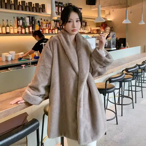 Женское теплое меховое пальто с толстым отложным воротником, свободное пальто миди длиной кофейного цвета, топы для женщин Casaco Feminino