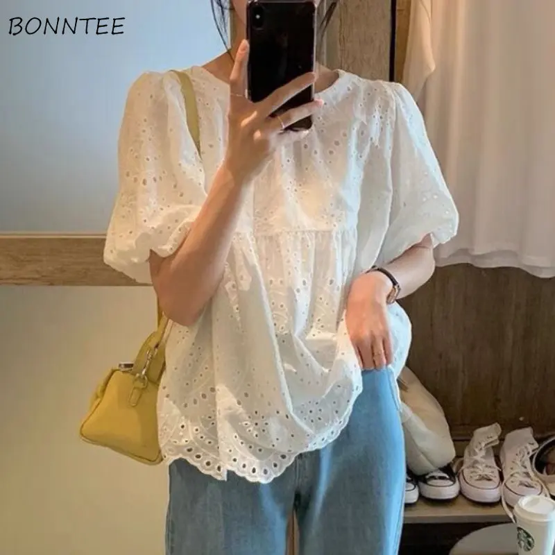 

Blouses Women Hollow Out Simple Creativity Classics Popular Daily Korean Style Sweet Ladies Summer Modern Leisure Personality