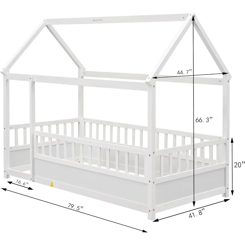 # Для Lit jumeau au sol Монтессори, lit jumeau avec clôture, maison jumelle pour enfants, filles, gar Voiżyć, blanc& (art.: 3920cfd58c4e6) - 3920cfd58c4e6