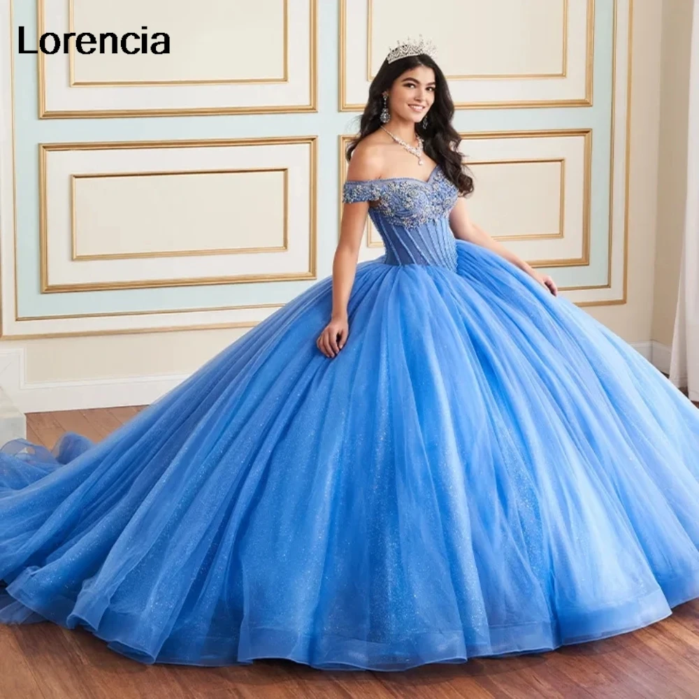 Блестящее синее платье Lorencia для Quinceanera бальное с блестками аппликацией и бисером