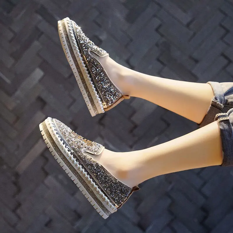 

2022 Flat with Shoes Women Flats Sequined Cloth Revits Couple Platform Woman Shoes Bling Crysta Black Flat Heels Shoe 34-41