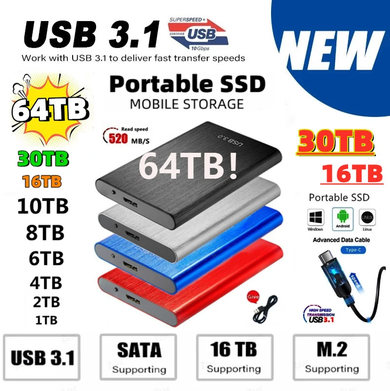 

Hard Disk 500GB 1TB 2TB 4TB 8TB Protable SSD High-speed USB3.1 SSD 1TB 2TB External Hard Drive Storage Device for Desktop Laptop
