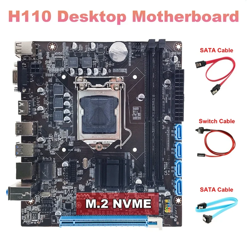 

H110 Motherboard+2XSATA Cable+Switch Cable LGA1151 M.2 NVME Support 2XDDR4 For Intel 6/7/8Th 14Nm CPU