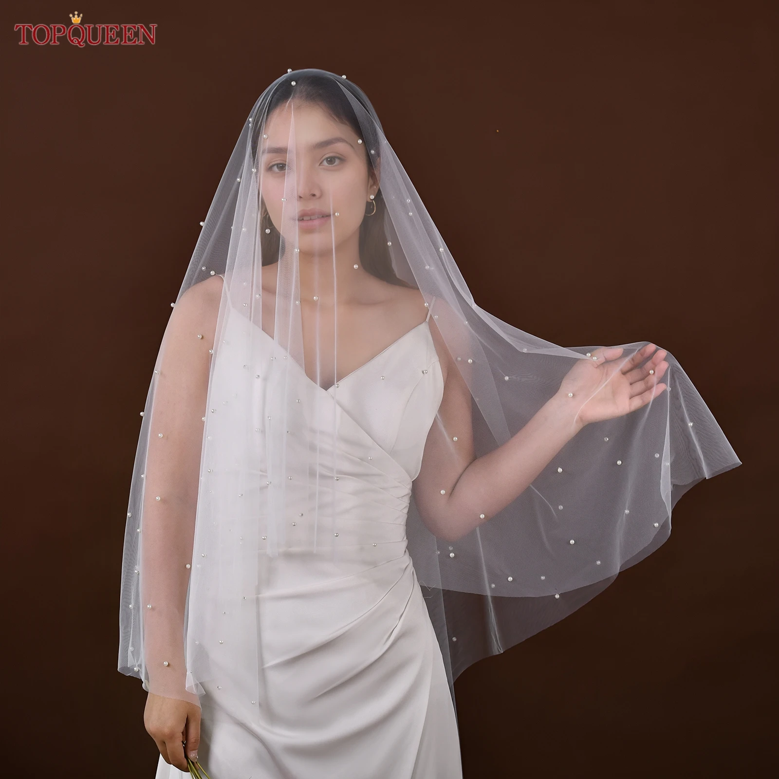 Фото TOPQUEEN V114 Жемчужная свадебная фата, двухслойные румяна Velo De Novias, свадебные аксессуары для собора, настраиваемые №4