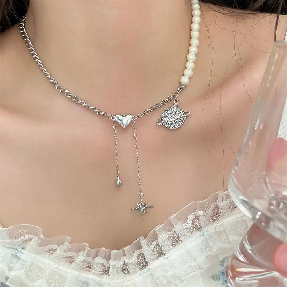 

Artificial Pearl Chokers Necklace Women Planet Bridal Wedding Necklaces Link Chain Pendant Girls Jewelry Gold Color Kpop Saturn