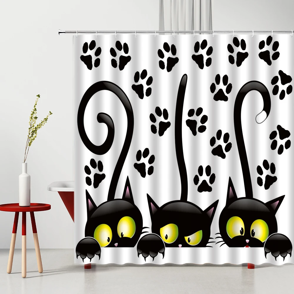 Funny Cartoon Animal Black Cat Shower Curtain Kids Bathroom Waterproof Shower Curtain Curtain Bathtub Screen шторка для ванной