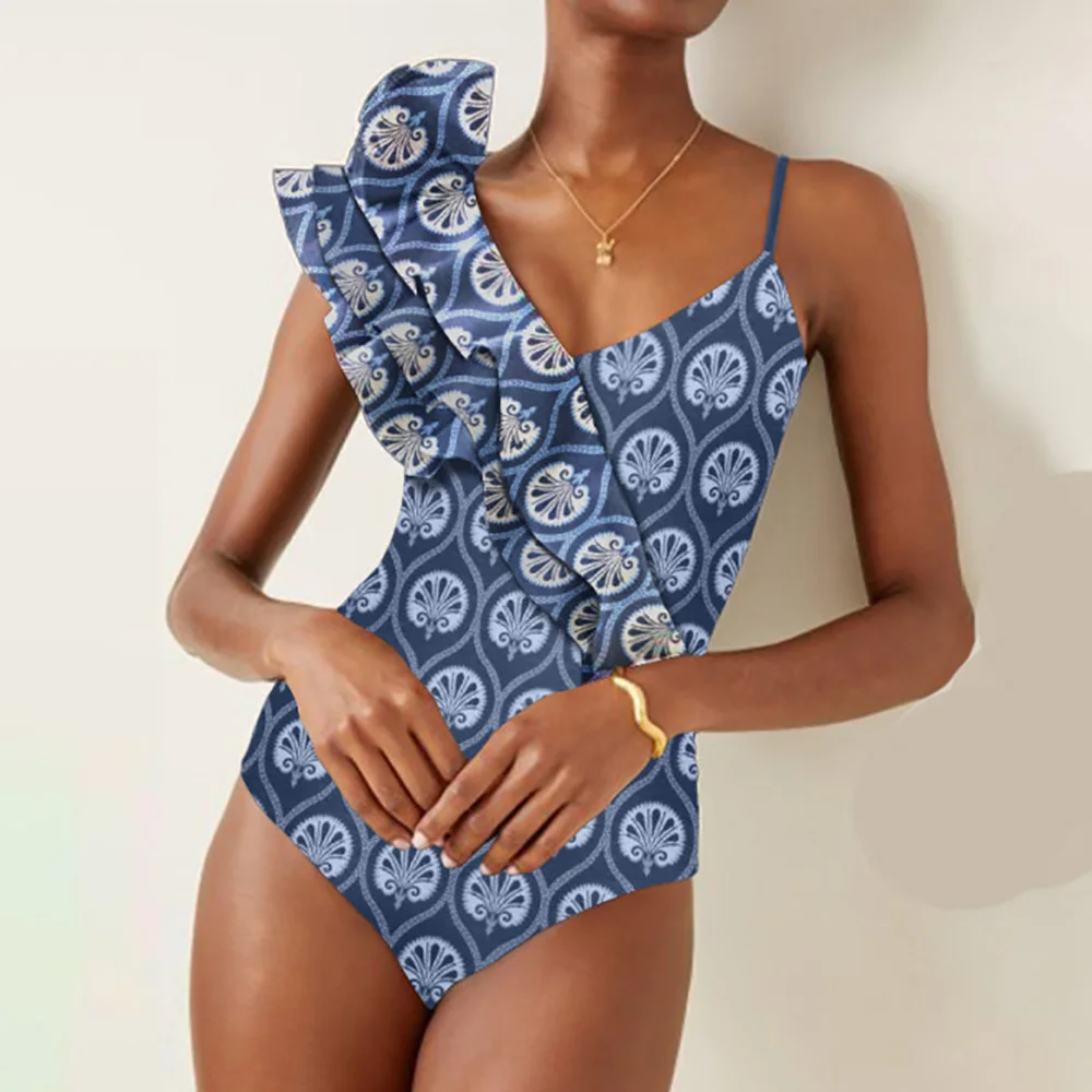 

Оригинальный слитный роскошный купальник с рюшами в винтажном стиле, сексуальное облегающее бикини с V-образным вырезом, монокини с высокой талией и пуш-ап, бандажный купальник