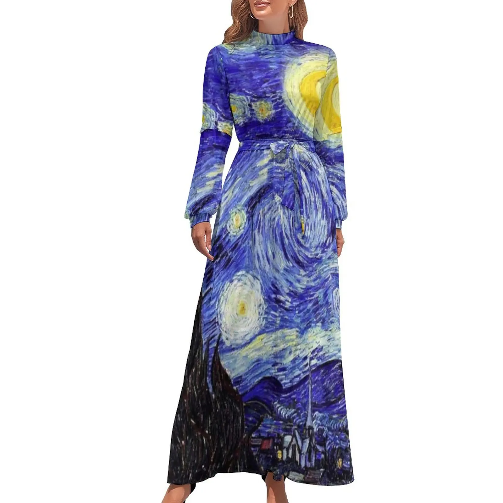 Женское длинное платье-макси с длинным рукавом и высоким воротником