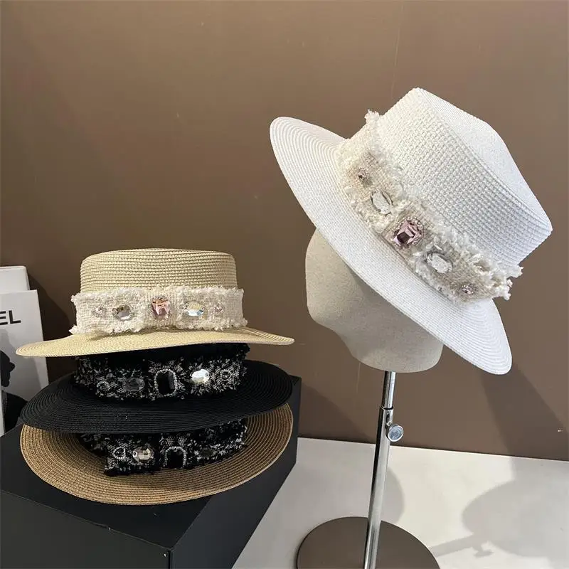 

Luxury Rhinestone Flat Straw Sun Hat Summer Women's Boater Beach Hat Wide Brim Anti-UV Female Casual Panama Hat Fedora