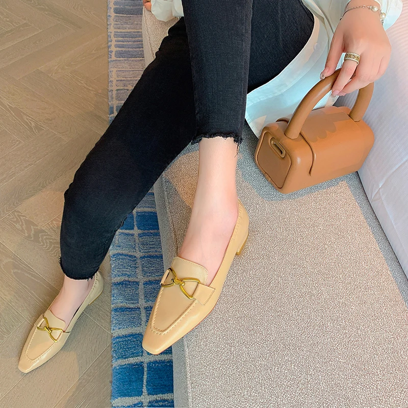 34-40 large size yellow women's shoes with metal buckle bow sheepskin square head low heel thick heel shoes women