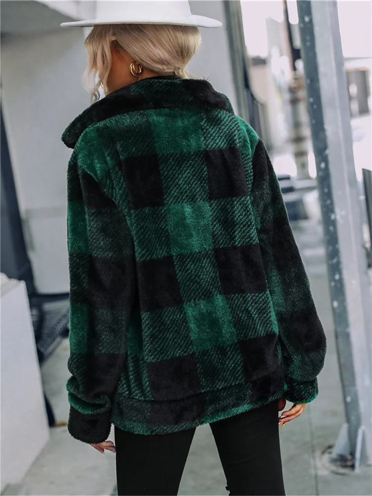 American Autumn and Winter Women's Long Sleeve Stand Collar Plaid Regular Medium Long Comfortable Casual Plush Zipper Fur Coat