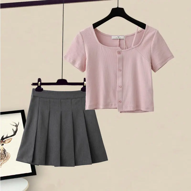 

2 Pieces Sets Women Summer Suit New Fashion Elegant All-match Slim Crop Tops Female Pleated Mini Skirts Leisure Ulzzang Q29