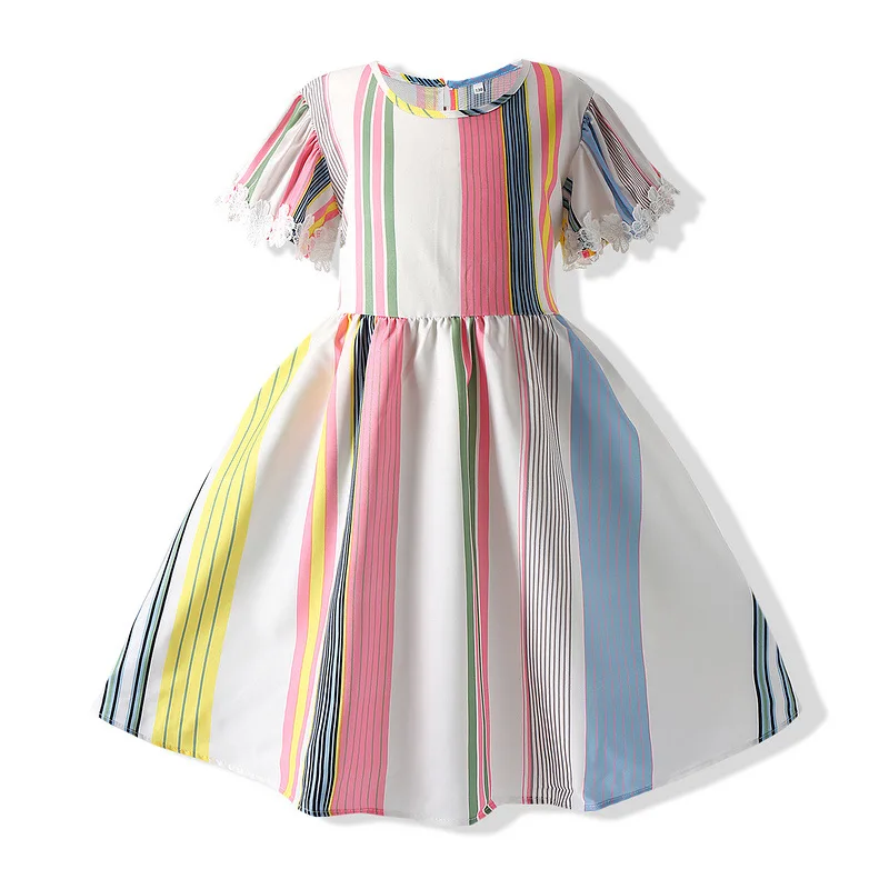 

2022 New Girls Summer Dress Rainbow Striped Cotton Princess Dress for Kids Girls Short Sleeve 2T 4T 6T Children Beach Clothes