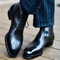 men fashion ankle boots business casual versatile square toe bullock carving lace up pu solid color comfortable men shoes