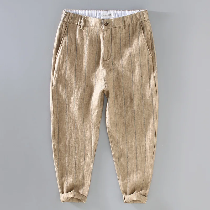 Summer Linen 100% Men Zipper Button Striped Straight Thin Loose Casual Pants Pocket Joggers Trousers Sweatpants Streetwear