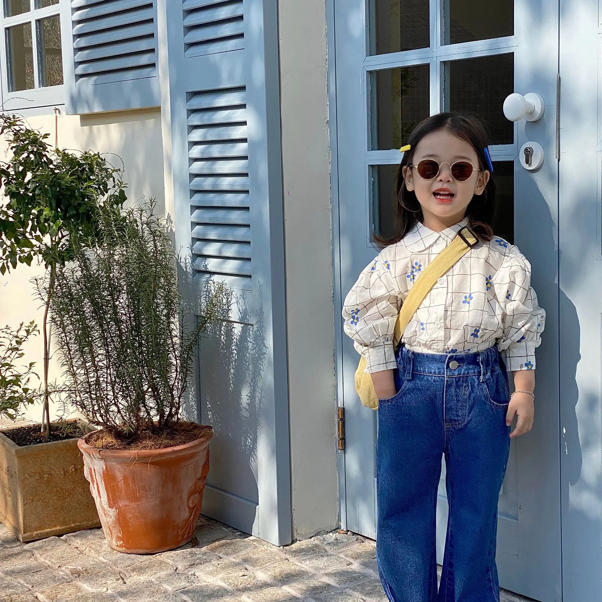 

Весенняя длинная рубашка для девочек, новинка, корейский топ, хлопковая короткая рубашка с принтом и рукавами для маленьких и детей, 2022