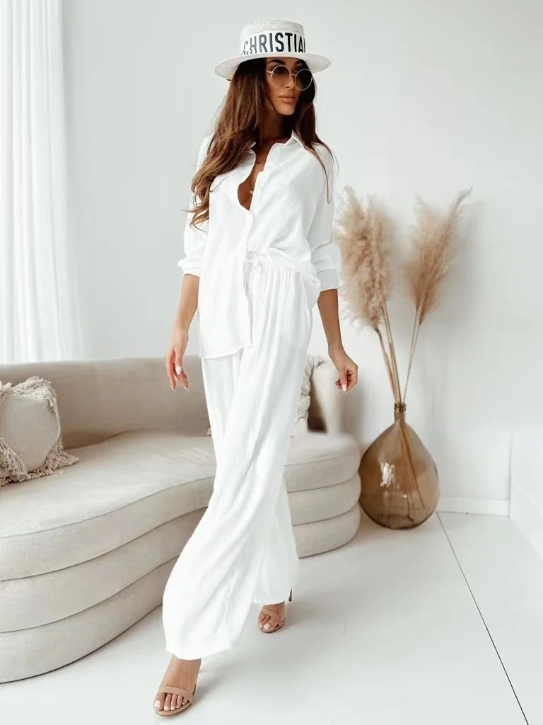 

2023 Spring Autumn Trouser Suit Set for Women Office Wear Chic Shirts Two Piece Suit Women Elegant Wide Pants Outfits Tracksuit