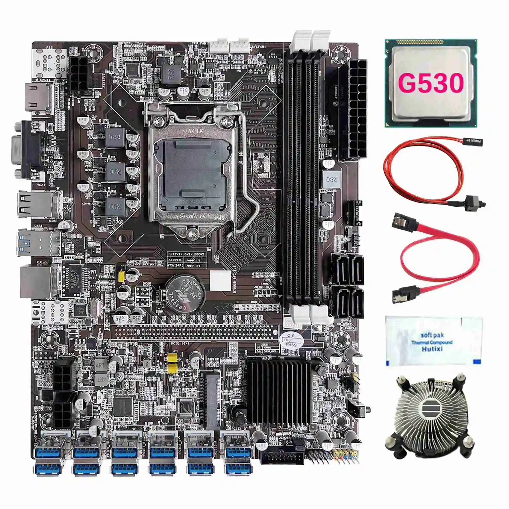 

B75 12 Card BTC Mining Motherboard+G530 CPU+Fan+Thermal Grease+SATA Cable+Switch Line 12 USB3.0 Slot LGA1155 DDR3 MSATA