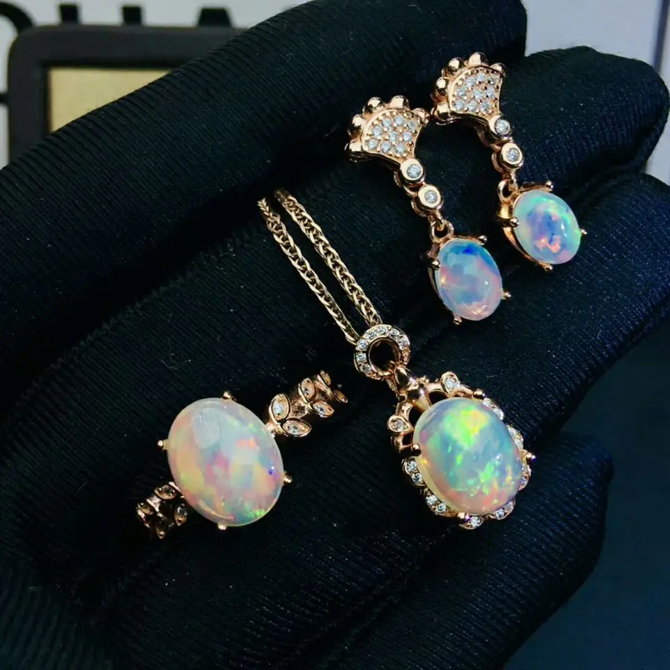 

MeiBaPJ Natural Opal Gemstone Flower Earrings Ring and Necklace 3 Siut for Women Real 925 Sterling Silver Fine Jewelry Set