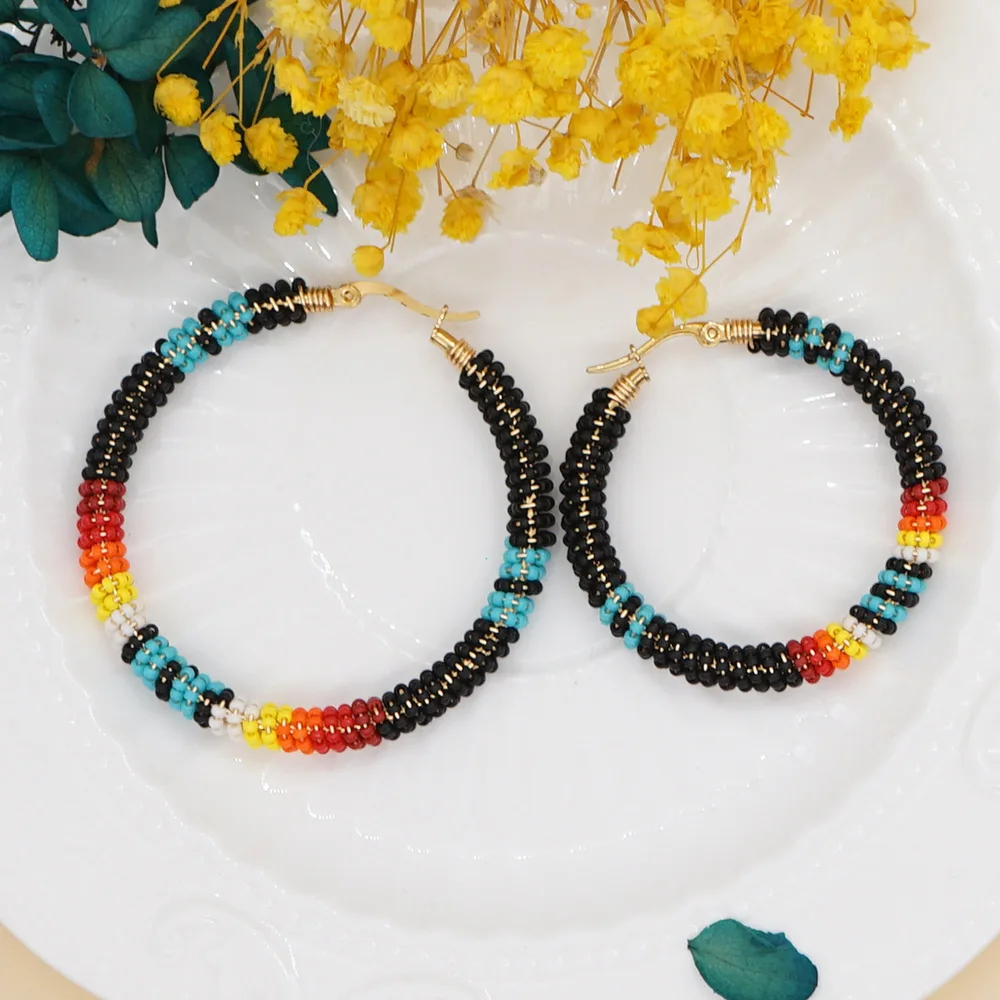 

Vintage Ethnic Style Miyuki Rice Beads Hand-woven Beaded Large Hoop Earrings Women's Personality Geometric Earrings