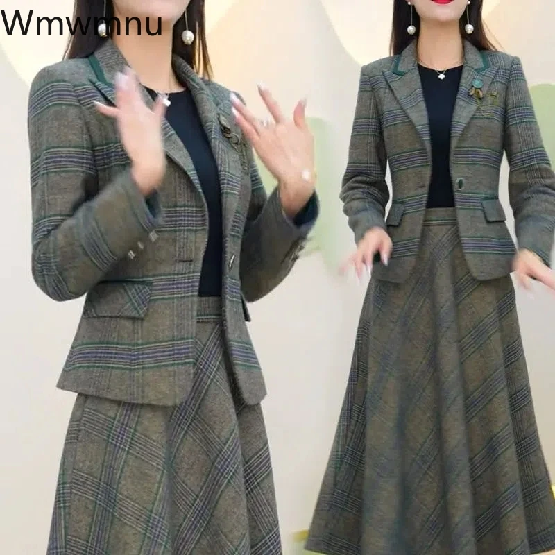 

Plaid Skirts 2 Piece Set Elegant Slim Blazer Tops + A-line Vintage Skirt Korean Casual Tracksuit Spring Fall New Women Ensembles