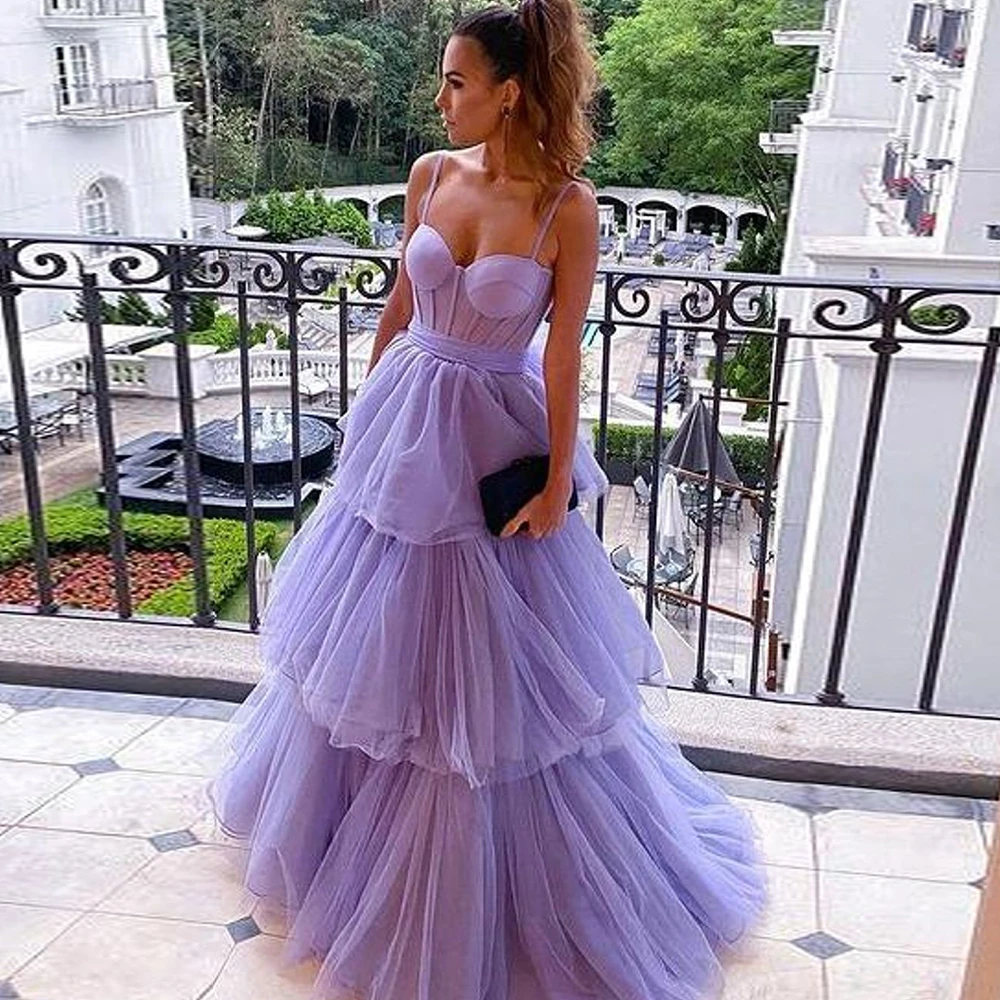 

Classic Prom Dress For Women 2022 Sweetheart Spaghetti Straps Simple Evening Dress Tiered Tulle Pleat Party Gowns Custom Made