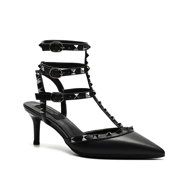 Summer Pointy Sexy Women's Strapping Sandals Leather Matte Roman Metal Rivet High Heels Party Versatile Women's Stiletto Shoes41