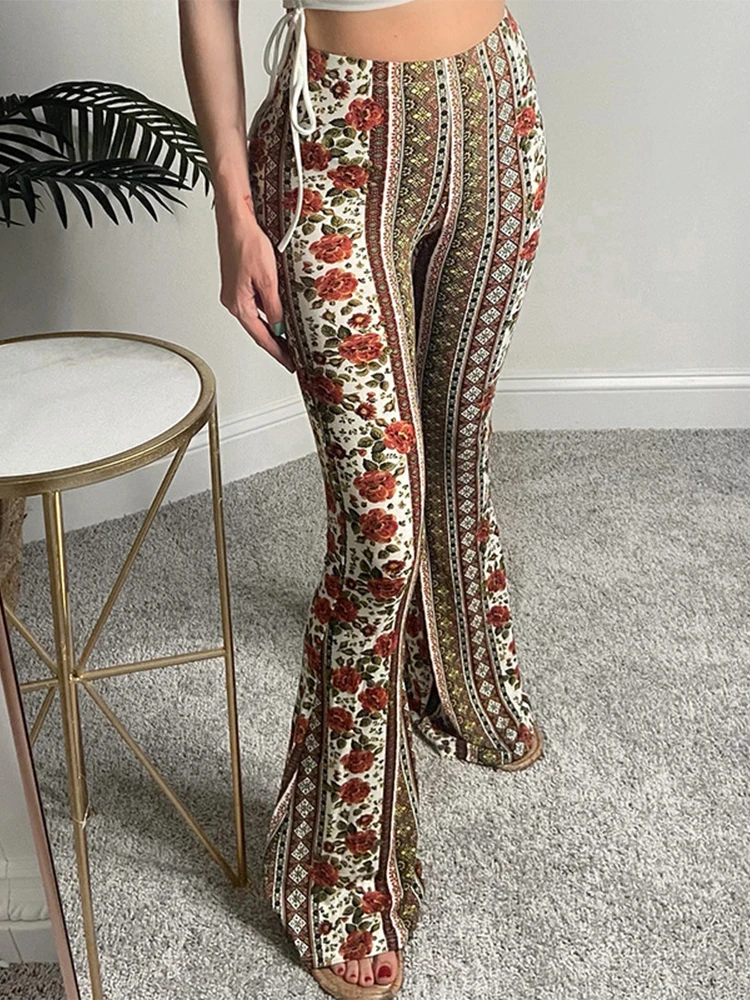

Elegant Female 2022 Spring Summer Fashion Trouser Women New Wide Leg Pants Vintage Patchwork Floral Print High Waist Flare Pants