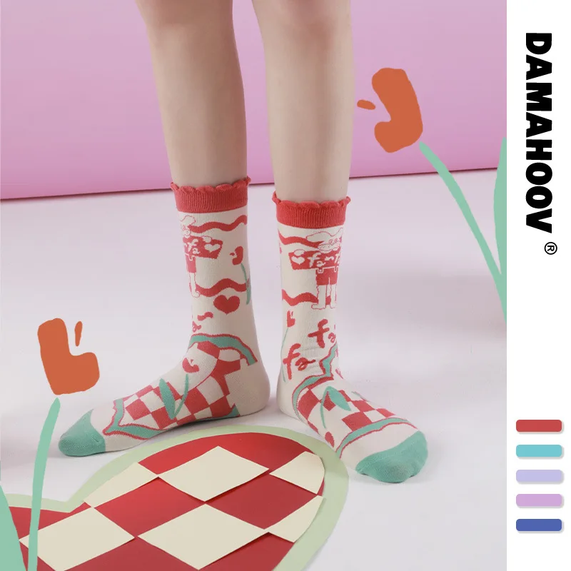 

Cartoon illustration of cute girls vintage retro trend fafa rabbit autumn and winter cotton socks female mid-thigh socks