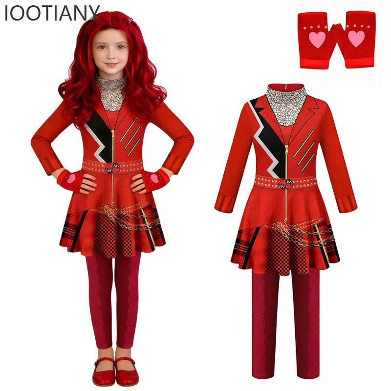 Фото Костюм для косплея Descendants Fantasia Red, детский комбинезон с перчатками Evie, наряд для женщин на вечеринку, Хэллоуин, карнавал, сценический костюм. №3