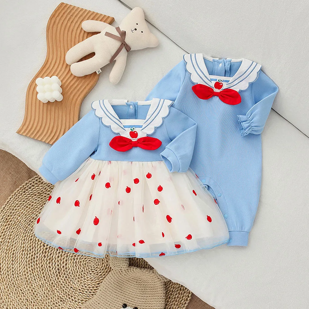 

Dress 2022 Spring Girls' Preppy Style All-Match Long-Sleeved Princess Dress New Baby Blue Romper