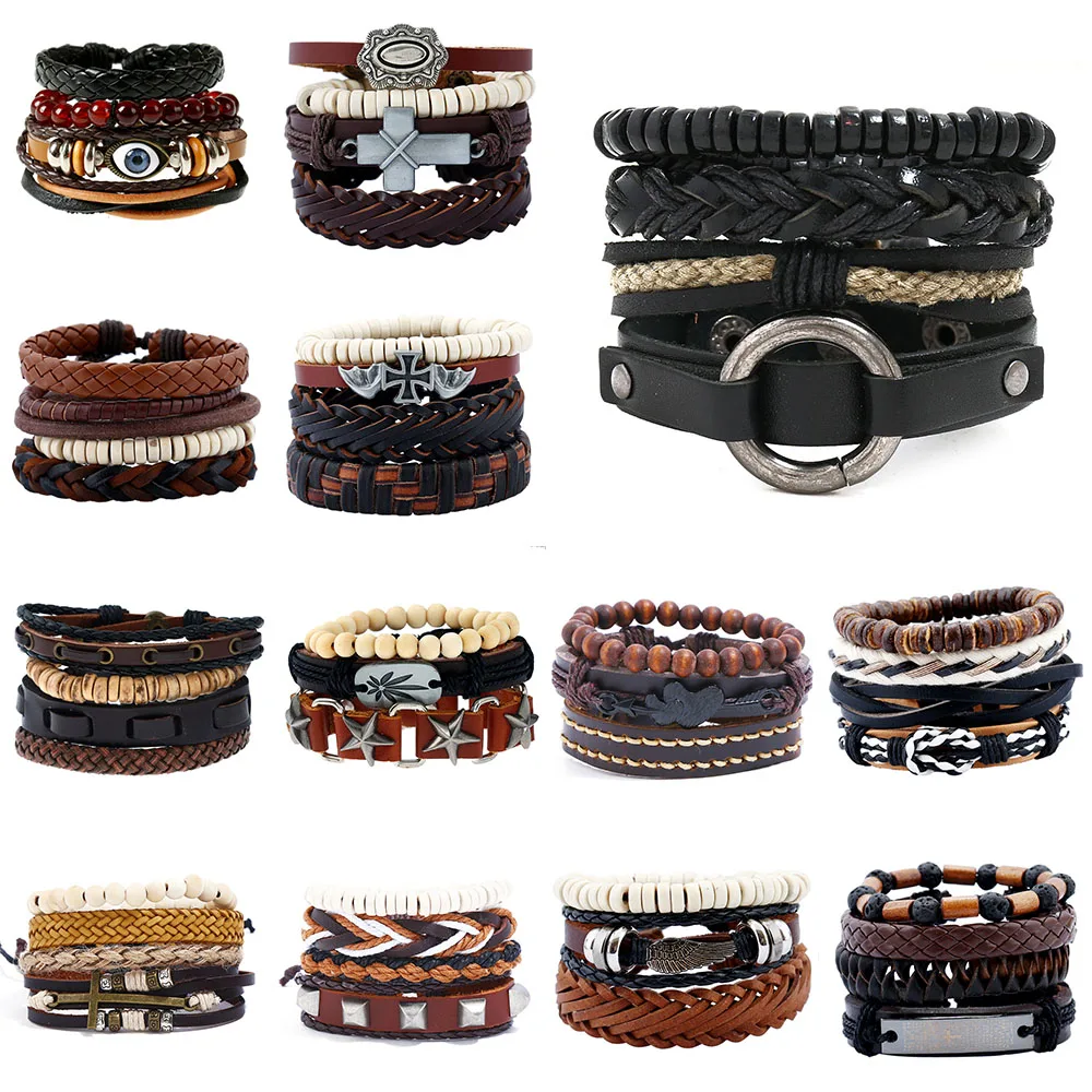 

Black Brown Round Cross Punk Multilayer Rope Beads Charm Leather Bracelets for Women Men Hiphop Punk Friendship Peace Jewelry