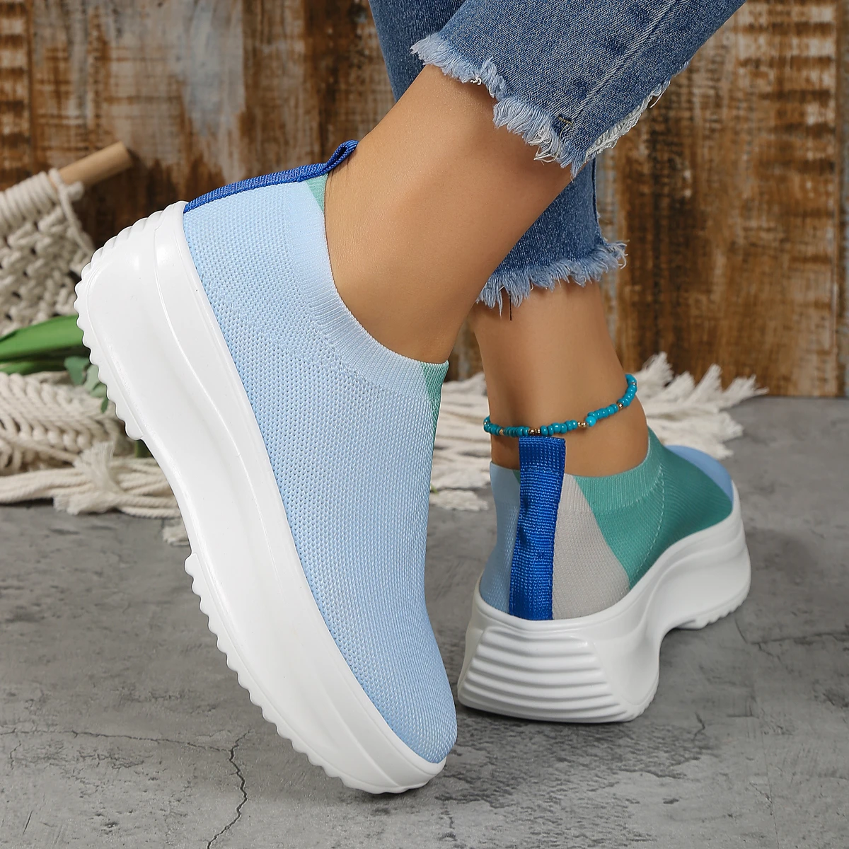 Patchwork Breathable Knit Sneakers for Women 2023 Fashion Mixed Color Platform Loafers Woman Thick Bottom Vulcanized Shoes 36-42