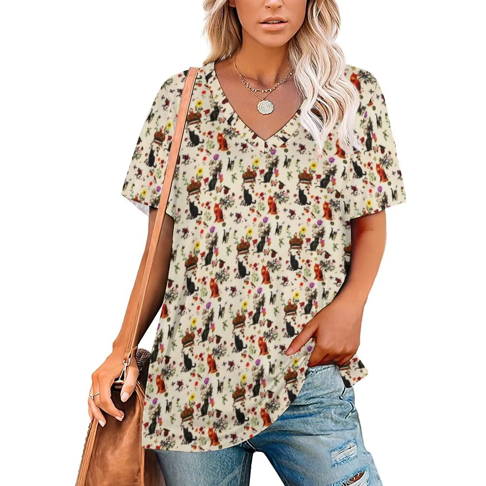 

Black Cat T-Shirt Vintage Bird Floral Print Trendy Oversized T-Shirts Short Sleeve V Neck Simple Tees Woman Sexy Pattern Tops
