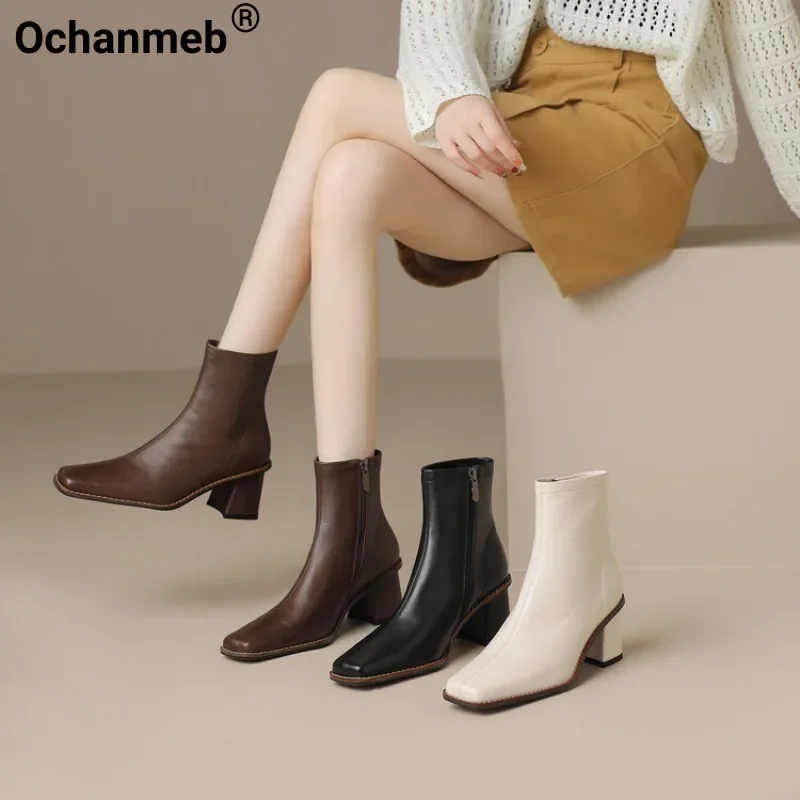 

Ochanmeb Genuine Leather Boots Women High Quality Block Heels Zipper Boots Winter Woman Elegant Square Toe Shoes Autumn Beige 40