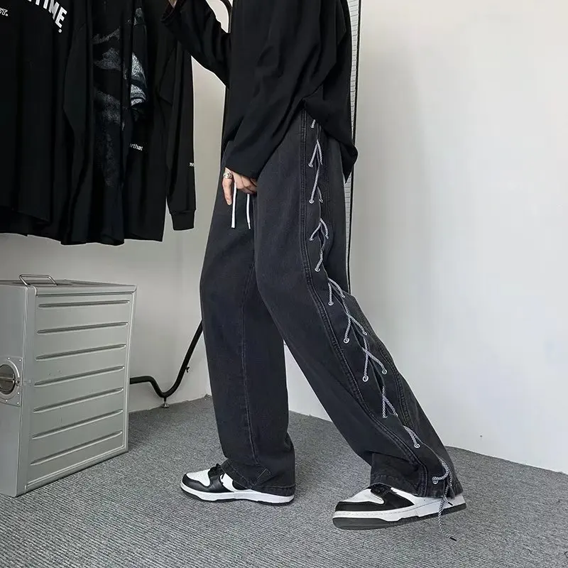 Cross-strap Pants Men's Spring and Autumn High Street Ins Tide Brand Ruffian Handsome Overalls Fried Street Denim Trousers