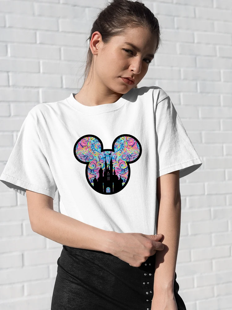 

Trendy Woman T-shirt Disney Mickey Fantasy Castle Pattern Summer Soft Fabric White Short Sleeve Kawaii Young Girls Clothing