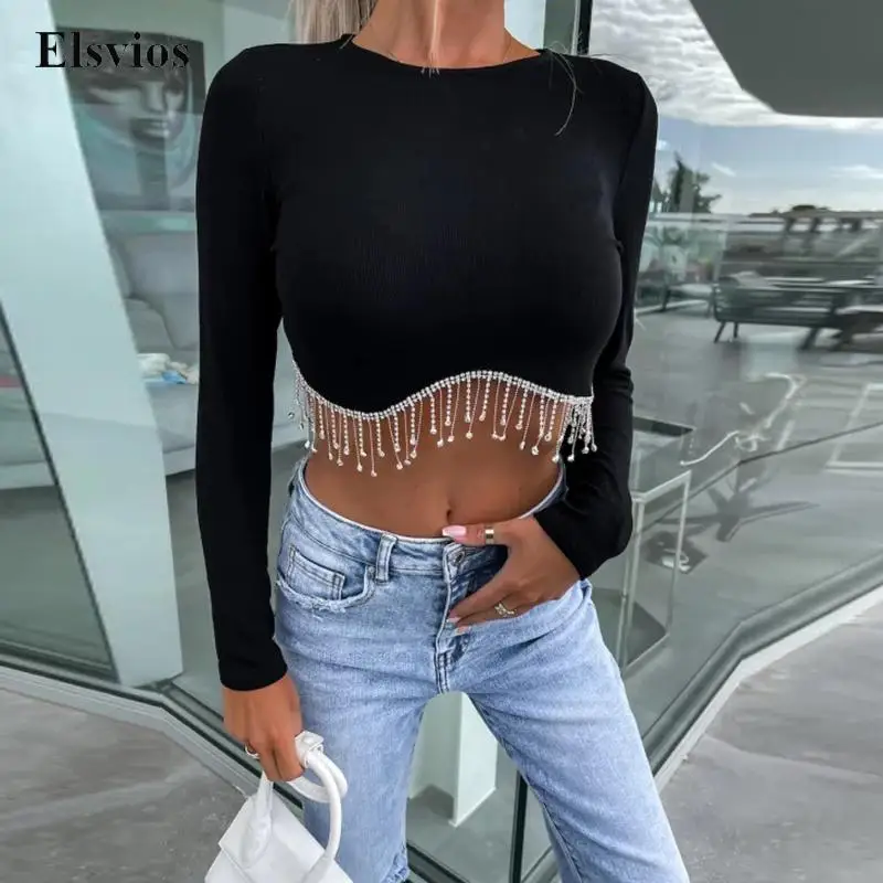 

Summer Fashion Shiny Diamonds Tassel Crop Tops Spring Elegant O Neck Slim Ribbed Blouse Women Sexy Long Sleeve Shirt Blusa 2023