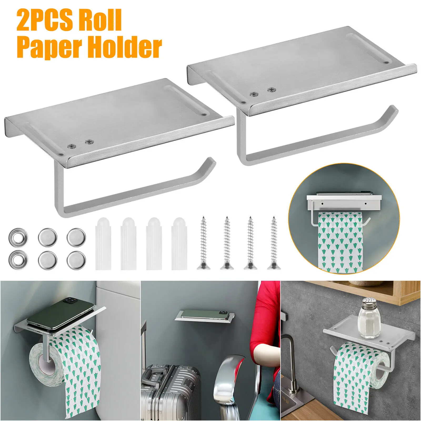 

2 Pcs Wall Mounted Toilet Roll Paper Holders Mobile Phone Storage Rack Rustproof
