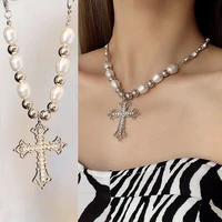 cross with cubic zironia pendant necklace pearl beads chain necklac for women fishbone chain star bear heart necklace jewelri
