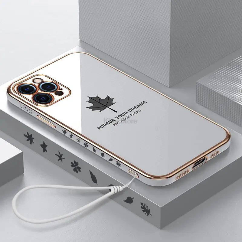 

Luxury Square Plating Phone Case For iPhone 13 12 11 Pro XS max XR Mini 8 7 Plus SE Ultra-thin Lanyard Maple Leaf Silicone Cover