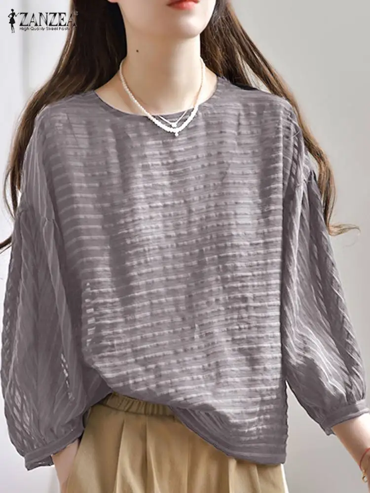 

2022 ZANZEA Летняя туника с рукавом 3/4 Топы Повседневная модная женская полосатая блузка элегантные офисные Блузы оверсайз рубашка свободная ру...