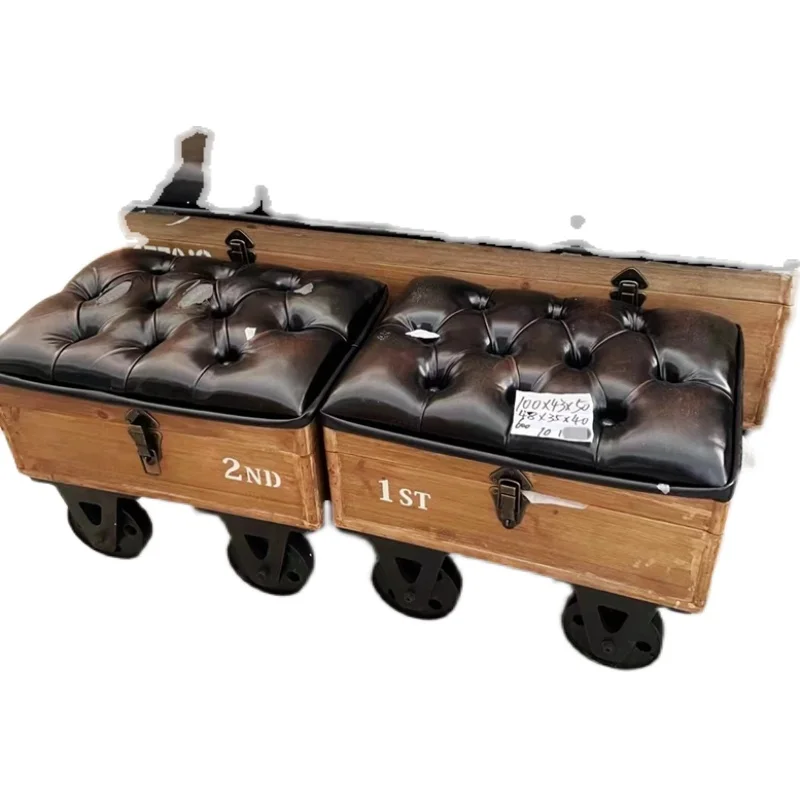 

YY American-Style Village Style Vintage Distressed Wooden Leather Cover Three Storage Box Stool