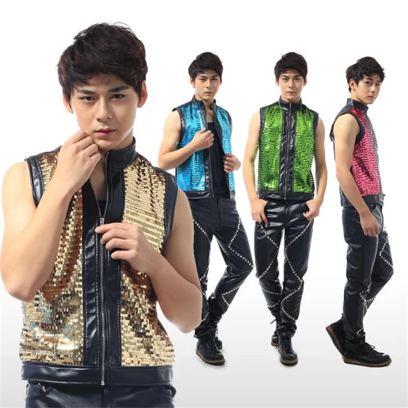 Colorful Sequins Personality Slim Male Sleeveless Vest Men Punk Rock Costumes Hombre Chalecos Singer Dance Stage Star Fashion