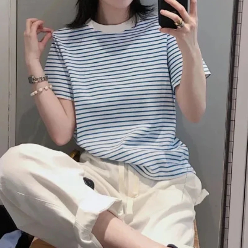 

Women T-shirt 2023 Spring and Summer New Round Neck Striped Cotton Short-sleeved T-shirt