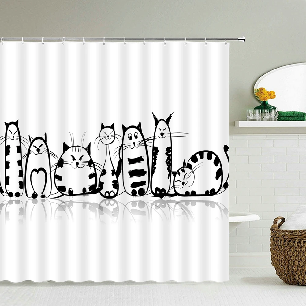 

Cute cat cartoon shower screen bathroom waterproof shower curtain decoration with hook